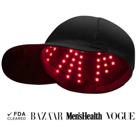 Black cap with red LED lights on a white background, featuring logos of Bazaar, Men's Health, and Vogue.