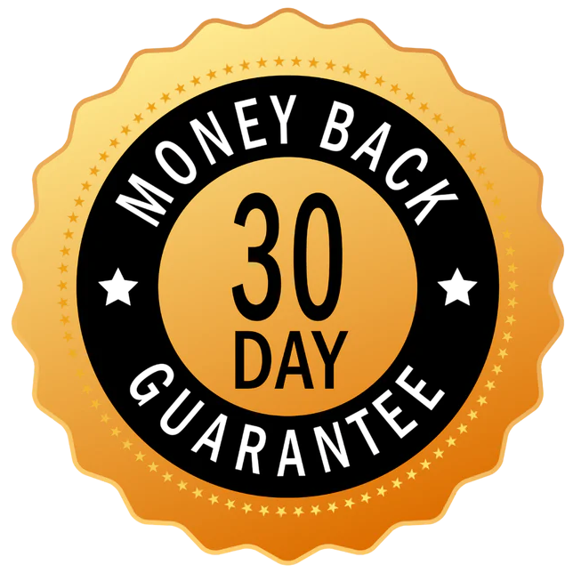 Money back 30 day guarantee badge with gold and black design on a white background